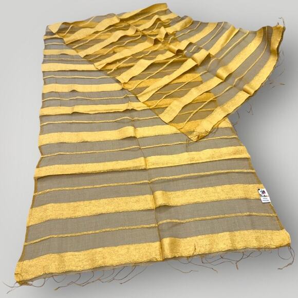 Pure 100% Silk Hand Woven Scarf Wrap Sheered Fringed Fusion Gold Made in India - Picture 3 of 7